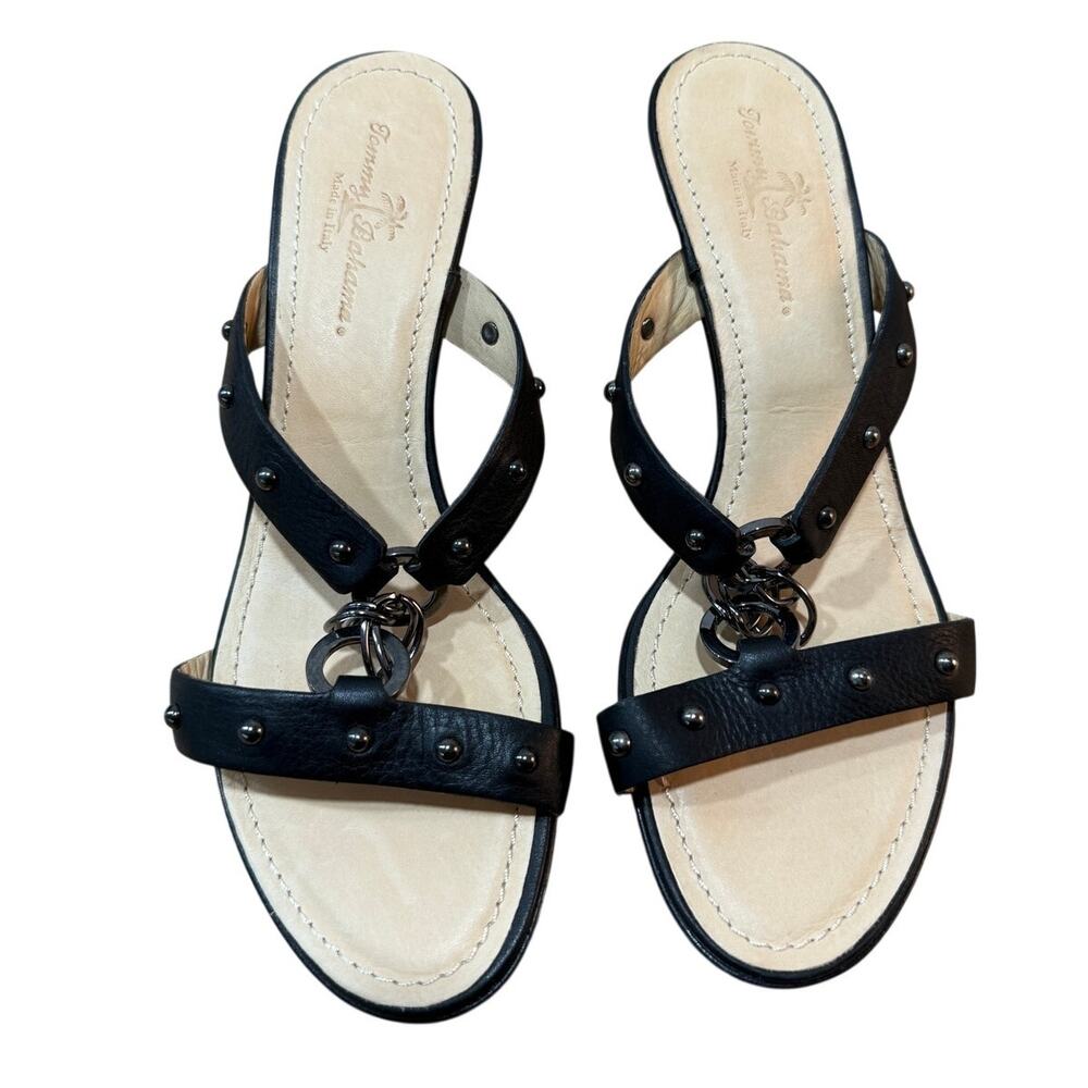 Tommy Bahama Black Leather Studded Ring Slide Sandals Italy Size 6M